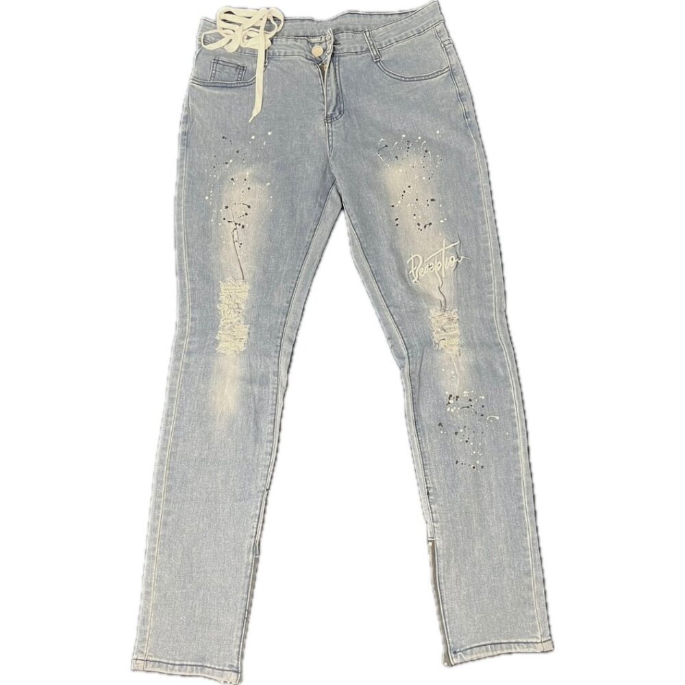 Men’s Distressed Light Wash Skinny Jeans with Embroide
